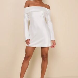 Luxurious Vision White Satin Off-the-Shoulder Mini Dress